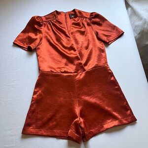 REFORMATION orange satin surplice short sleeve romper